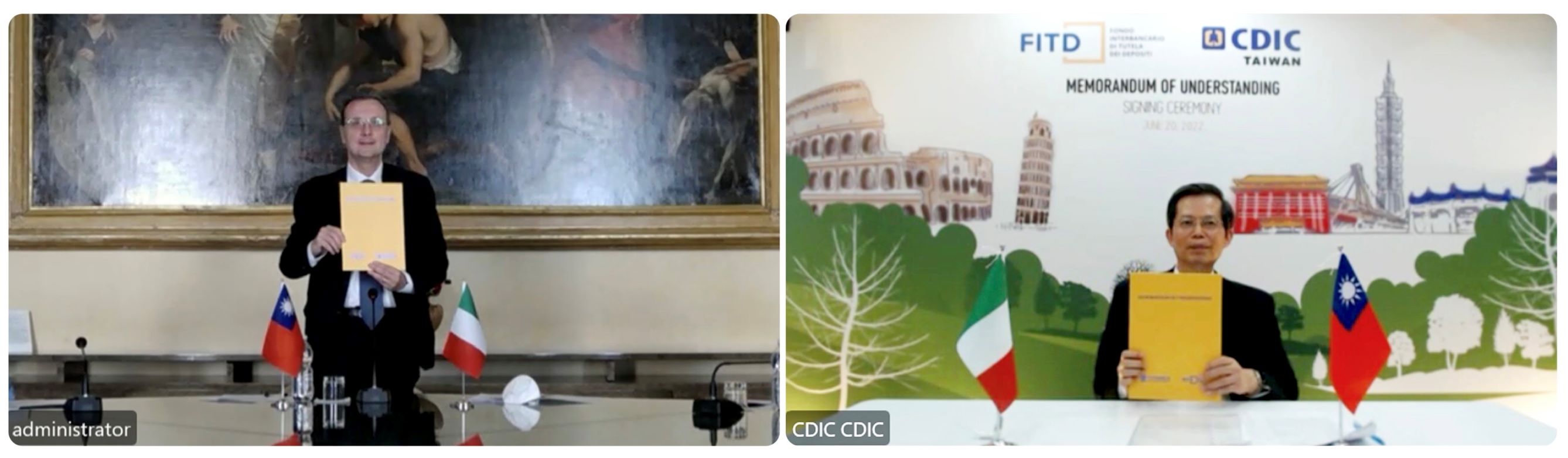 本公司總經理蘇財源（右）及義大利存款保險機構（FITD）總經理Mr. Alfredo Pallini（左）代表雙方機構於111年6月20日簽署MOU