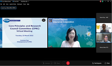 Screenshot of CDIC Executive Vice President Ms. Yvonne Fan chairing the IADI Core Principles and Research Council Committee Virtual Meeting