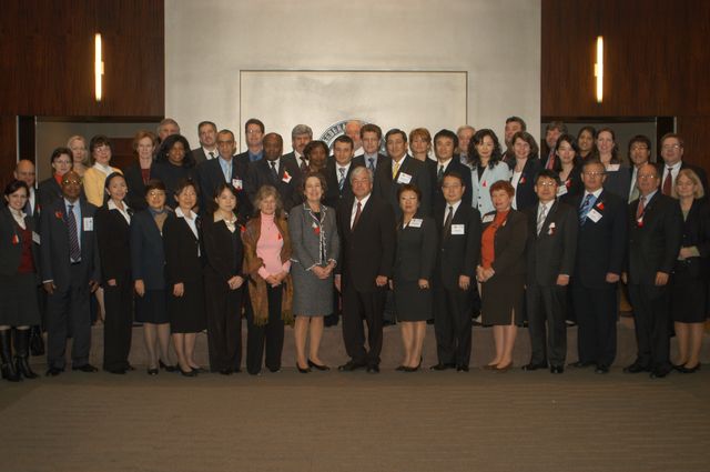 A Group Photo of Participants of the IADI Executive Council related meetings: IADI President Mr. Jean Pierre Sabourin （8th from the right of the first row）, FDIC Chairperson Ms. Sheila Bair （8th from the left of the first row）, Ms. Yvonne Fan, Deputy Director of International Relations and Research Office of CDIC, Taiwan （6th from the right of the second row）, Ms. Julia Chu （6th from the left of the first row） and Ms. Catherine Chou （4th from the right of the second row）. 