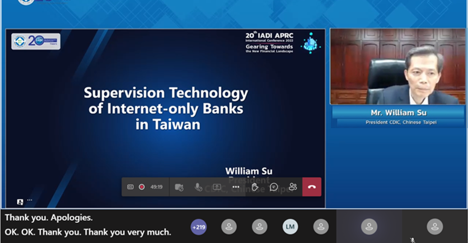 Screenshot of CDIC President Mr. William Su delivered a presentation regarding experience and insights on the topic of Supervisory Technology of Internet-only Banks in Taiwan.